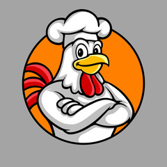 Bold cartoon chicken mascot logo crossing arms with confidence. Ideal for fried chicken brand, food logo, restaurant identity, or poultry business. Strong, fun, and eye-catching design.