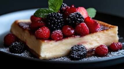 Delicious cheesecake slice topped with fresh berries and mint