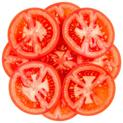 Fresh, vibrant tomato slices arranged in circular pattern, showcasing their juicy texture and bright red color, perfect for salads or garnishes