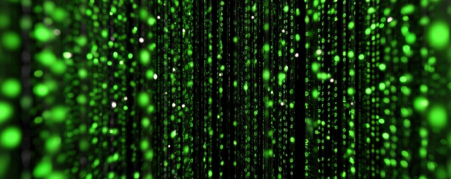 Digital matrix with green lights and binary code effects.