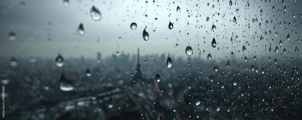 Poster Raindrop on a window showing city landscape and emotional texture concept. Raindrops on a window with a blurred cityscape in the background.