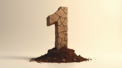 Number One: A unique earth tone image features a single number one. Crafted from weathered earth and nestled amidst a miniature mound of soil.