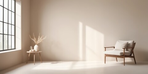 Fototapeta premium A cozy, wooden chair positioned in front of a large window, allowing soft sunlight to stream in, illuminating the space with a warm glow.