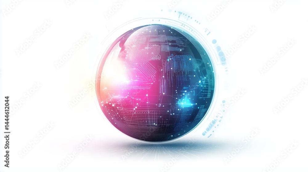 Poster artificial intelligence visual concept, gradient sphere with tech elements, sunlight bloom, white ba