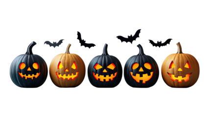 Glowing Halloween Pumpkins with Carved Expressions and Flying Bats