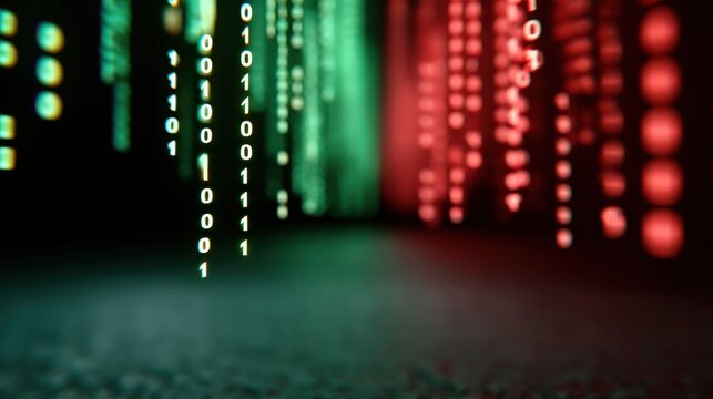 Digital binary code displayed in green and red colors.