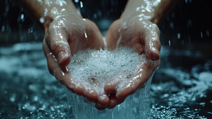 Man washes his hands thoroughly under flowing water