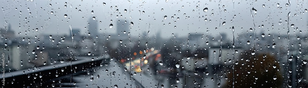 Poster raindrop on a window featuring sad city mood and water texture concept. raindrops on glass with a ci