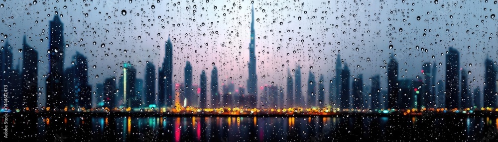 Aufkleber raindrop on a window combining rain, mood, and urban pattern concept. city skyline view with raindro