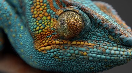 Fototapeta premium Chameleon Close-Up: Vibrant Scales and Complex Eye