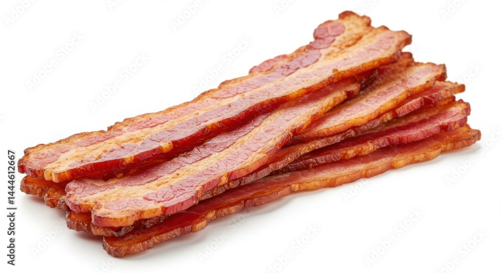 Poster stack of crispy bacon strips on a white background showing the texture and color of the cooked meat