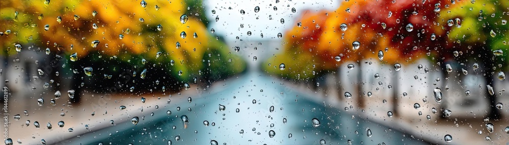 Poster Raindrop on a window featuring sad city mood and water texture concept. Raindrops on a window with vibrant autumn trees and a calm canal.