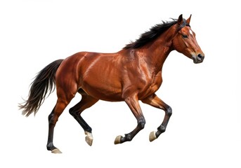Fototapeta premium A chestnut horse galloping with a black mane and tail on a solid white background in a studio shot