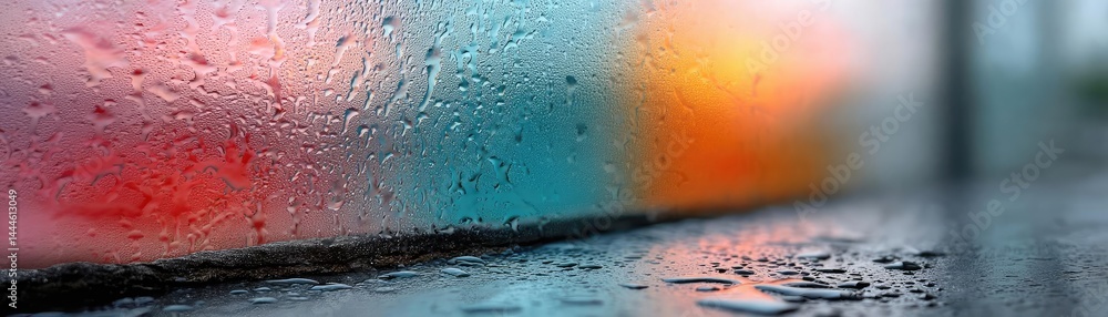 Poster raindrop on a window featuring sad city mood and water texture concept. colorful reflections through