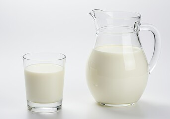 A clear glass pitcher and glass filled with fresh white milk on a plain white background studio shot