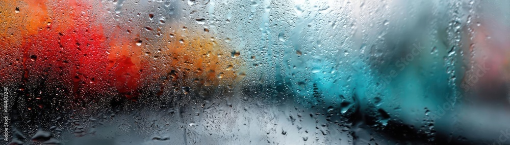 Poster raindrop on a window featuring sad city mood and water texture concept. a rainy window view capturin