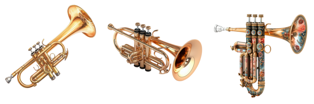 Crafted Piccolo trumpet, compact brass with intricate keys, 3D illustration. Transparent PNG background