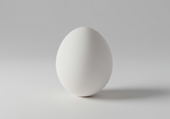 A single white egg standing upright on a white surface against a white and gray background in studio light