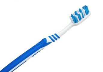 A close up shot of a blue and white toothbrush with bristles on a white background, angled slightly