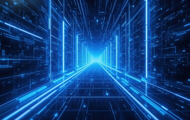 Fototapeta premium A mysterious dark tunnel illuminated by vibrant glowing lines and soft blue lights, creating an ethereal atmosphere that invites exploration.