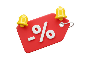 A red tag with a percentage sign and two yellow bells render isolated on transparent background
