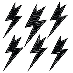 Six Black Lightning Bolt Illustrations High-Resolution Graphic Design Elements
