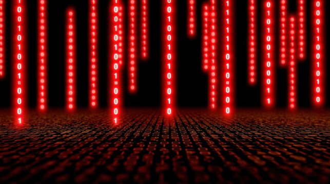 Digital binary rain in red, creating a futuristic atmosphere.