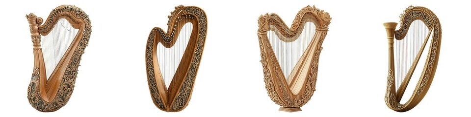 Clarsach, Scottish harp with traditional designs, 3D illustration. isolate on white background, commercial use,