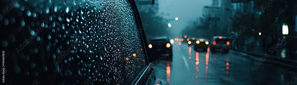 Poster raindrop on a window featuring sad city mood and water texture concept. rainy day view from a car wi