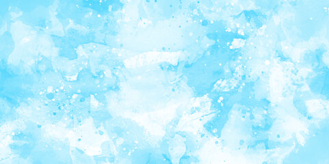 beautiful blue watercolor background with glitter particles, light blue bokeh background for wallpaper, invitation and cover, watercolor splashes of blue texture with various surrounding bokeh.