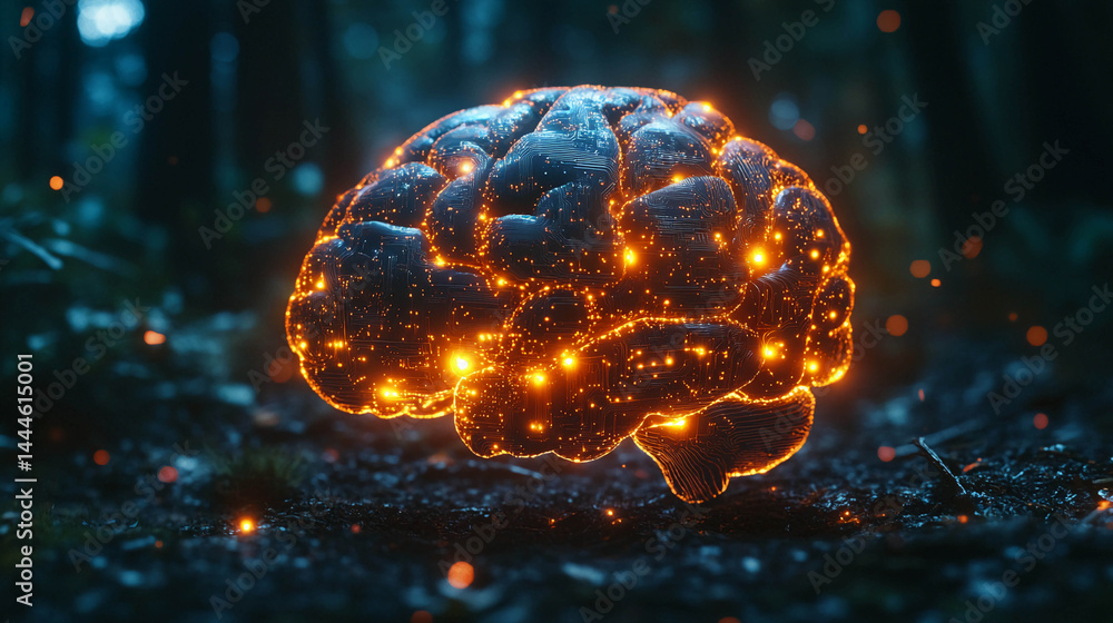 Poster a stylized brain in the form of a complex electronic circuit glowing with warm orange light.