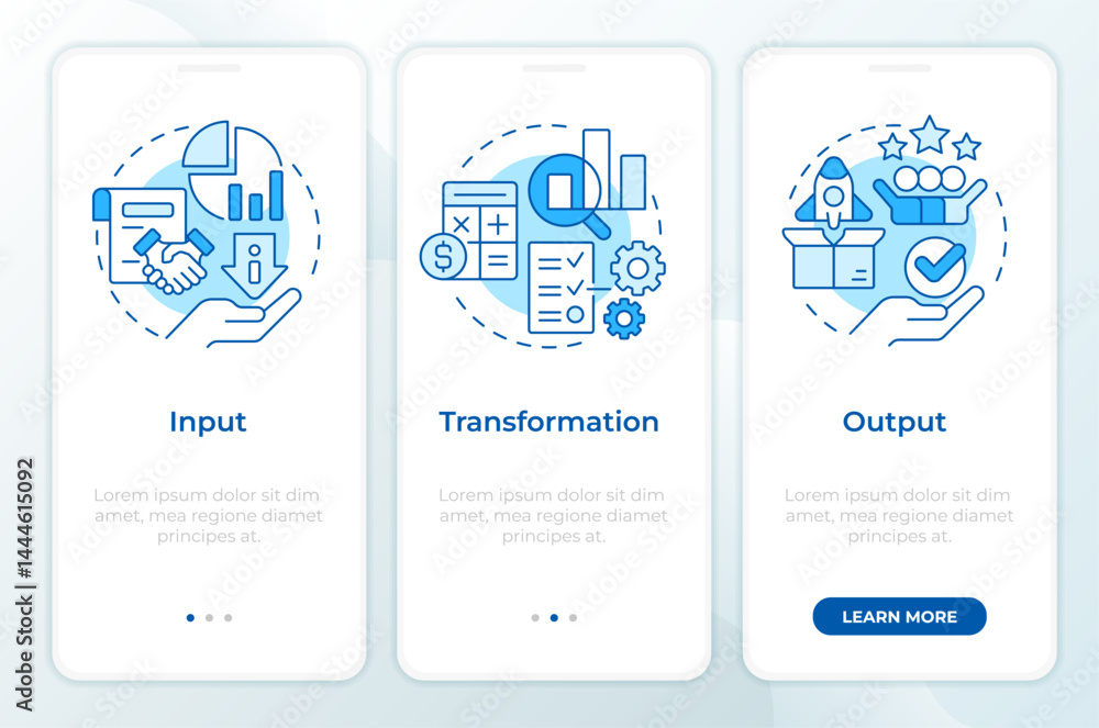 Poster workflow key components blue onboarding mobile app screen. walkthrough 3 steps editable graphic inst
