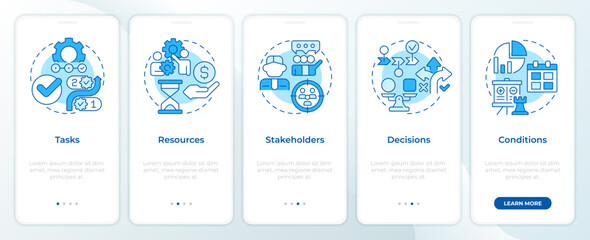 Workflow management elements blue onboarding mobile app screen. Walkthrough 5 steps editable graphic instructions with linear concepts. UI, UX, GUI. Montserrat SemiBold, Regular fonts used