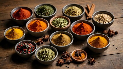 Assorted ground spices and dried herbs in rustic ceramic bowls placed on wooden table with warm tones and traditional culinary elements. Natural flavor concept
