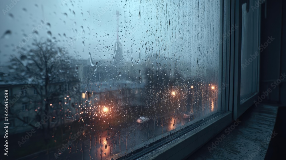 Poster raindrop on a window showing city landscape and emotional texture concept. a rainy day view from a w