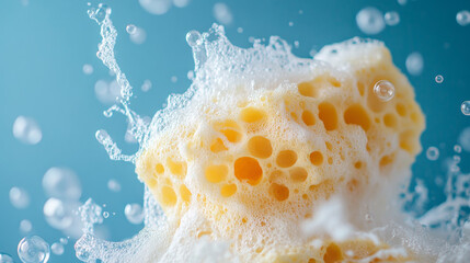 Sponge hitting soap foam mid-air with bubbles splashing around, set against a blue background