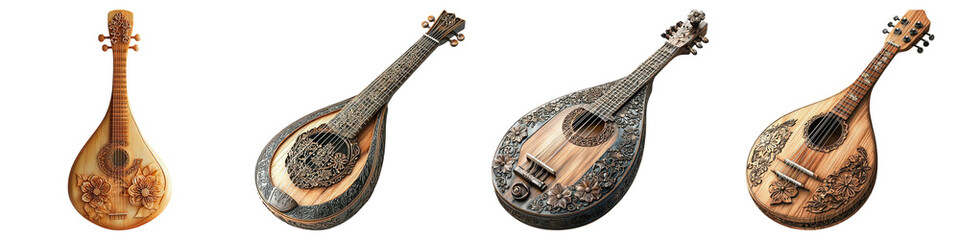 Biwa, Japanese lute with intricate rosette, Crafted Collection 3D illustration, Transparent PNG background, commercial use