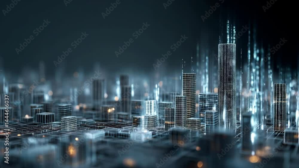 Aufkleber intricate lowpoly 3d wireframe of a smart city with glowing binary code for tech and urban themes