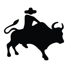 Silhouette of a Man Riding a Bull A Bold Black and White Illustration of a Rodeo or Spanish Tradition