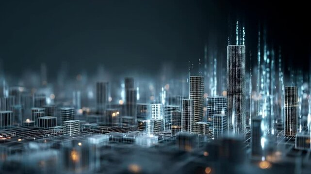 Intricate lowpoly 3d wireframe of a smart city with glowing binary code for tech and urban themes

