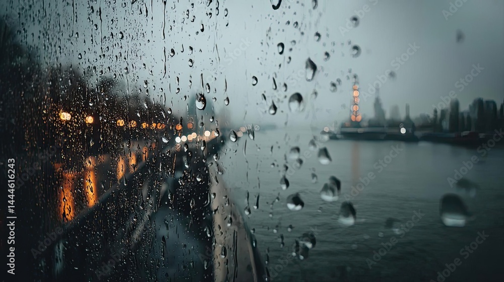 Poster Raindrop on a window combining rain, mood, and urban pattern concept. Raindrops on windowpane overlooking a calm, urban waterway.