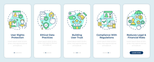 Benefits of consent management onboarding mobile app screen. Walkthrough 5 steps editable graphic instructions with linear concepts. UI, UX, GUI. Montserrat SemiBold, Regular fonts used