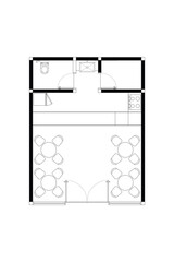 2 dimension floor plan with furniture layout design of cafe  or mini restaurant 25 meters squares, vector line black isolated on white background. Set 5