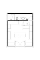 2 dimension floor plan with furniture layout design of store 25 meters squares, vector line black isolated on white background. Set 5