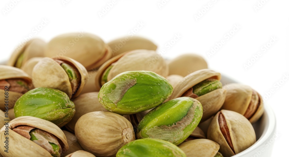 Poster a close up shot of a bowl full of pistachios with some shells open and some closed on a white backgr