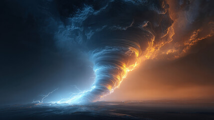 Powerful Tornado with Lightning and Fiery Clouds