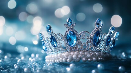 Sparkling silver crown with blue gems and pearls.