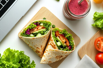 Office Desk with Fresh Homemade Lunch Box. Lunchbox with healthy meal top view