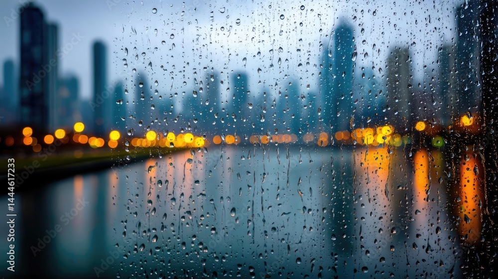 Poster raindrop on a window combining rain, mood, and urban pattern concept. city skyline viewed through a 