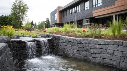 Retaining wall beside hotel yard protecting from runoff